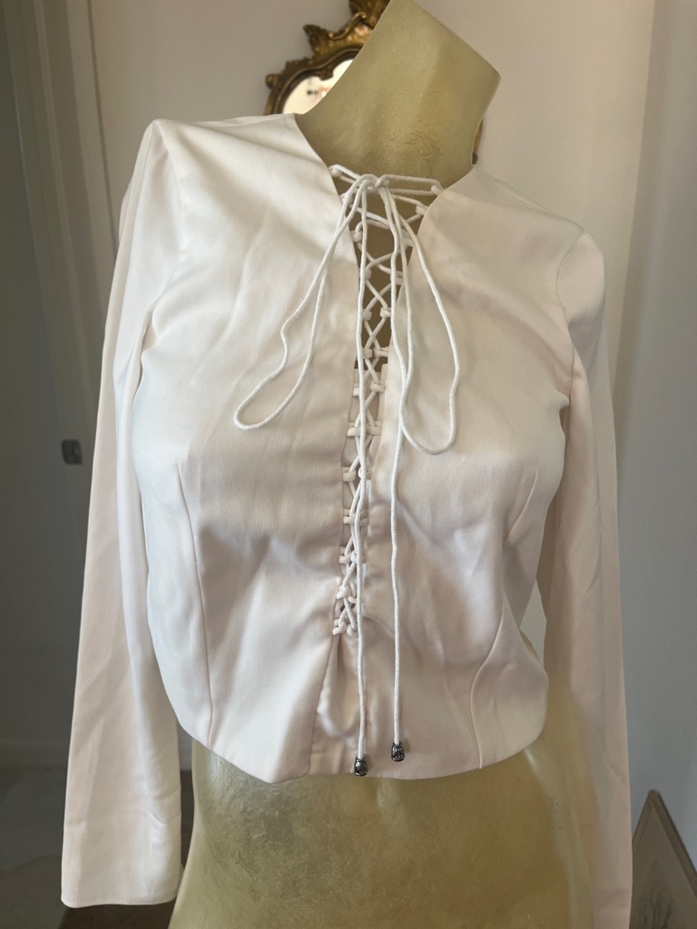 Line & Dot White Lace-Up Long Sleeve Blouse